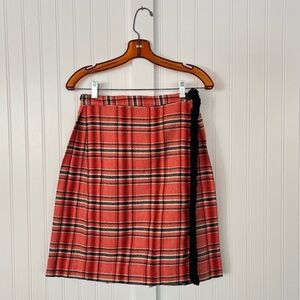 Vintage 60s Orange Plaid Skirt Black Shag Fringe Detail Pleated Wrap Mini Skirt